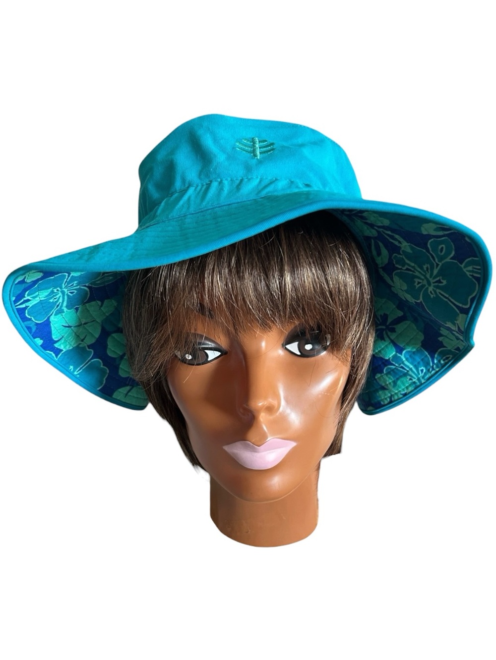 Coolibar Reversible Sun Hat Vibrant Aqua & Purple Hibiscus Floral Print UPF 50+